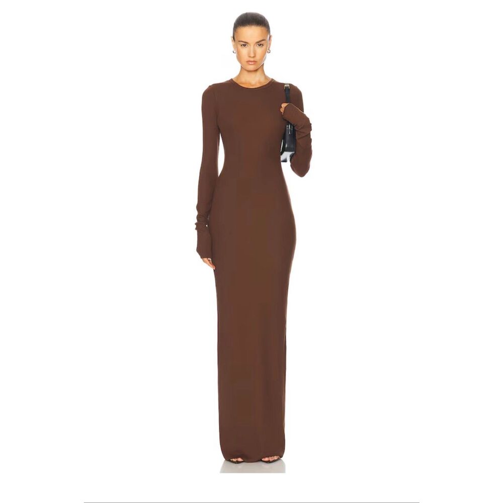 NWOT Eterne Chocolate Brown Long Sleeve Square Neck Ribbed Maxi Dress S